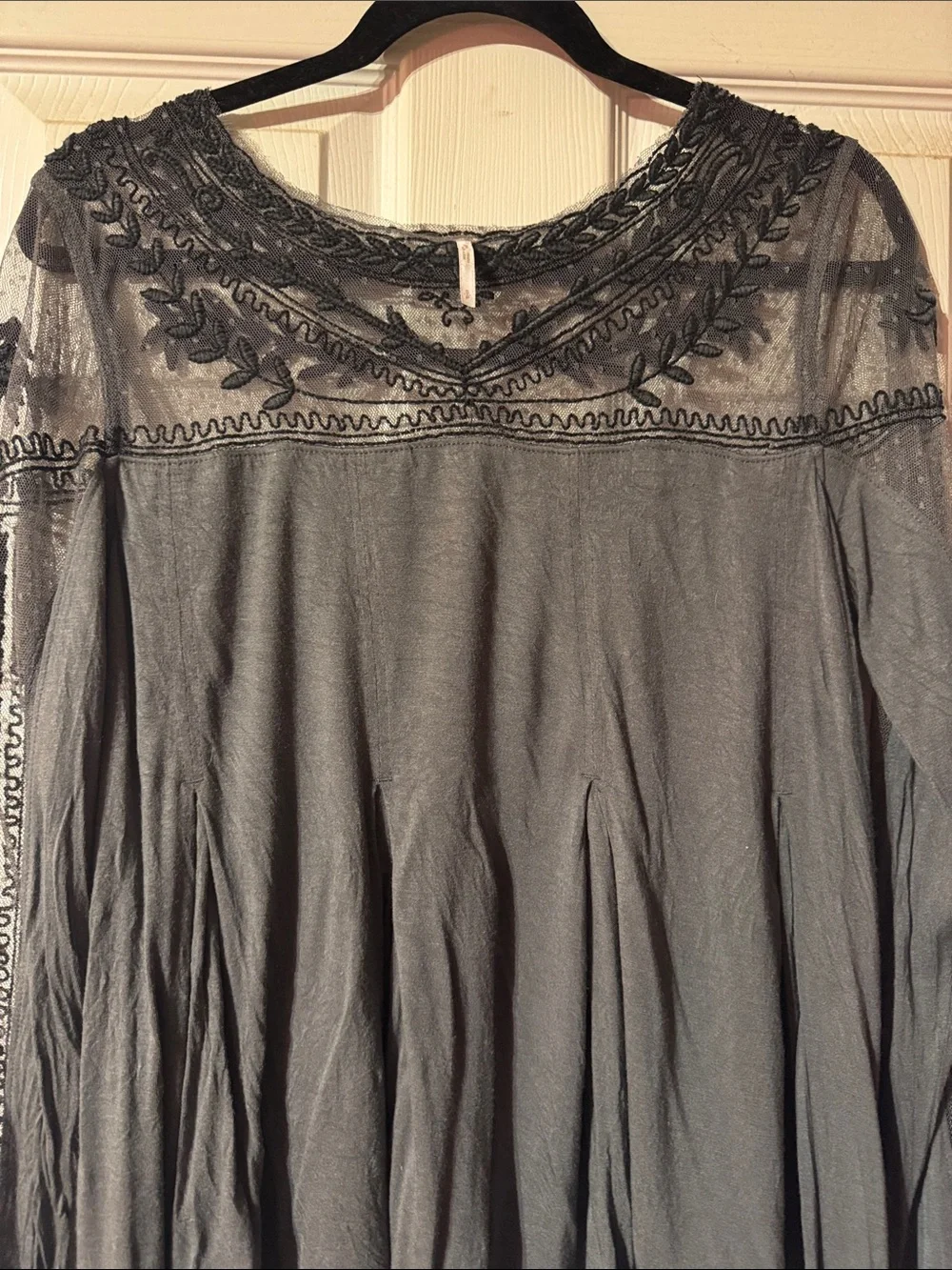 Free People Jojo Gray Embroidered Sheer Yoke Long Sleeve Top